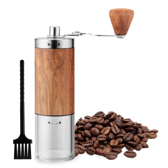 Portable stainless steel manual coffee grinder with adjustable coarseness settings and included cleaning brush