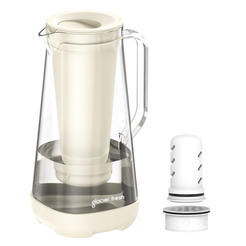 GLACIER FRESH 7-Cup Glass Water Pitcher in White with membrane and activated filter, highlighting its sleek design and effective chlorine and lead reduction for cleaner drinking water.