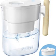 Waterdrop 200-Gallon Large Water Filter Pitcher in white with natural wood handle, featuring NSF certification, a 10-cup capacity