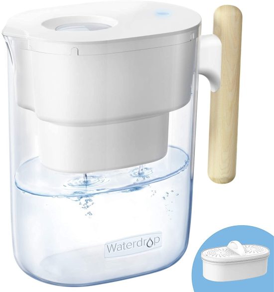 Waterdrop 200-Gallon Large Water Filter Pitcher in white with natural wood handle, featuring NSF certification, a 10-cup capacity