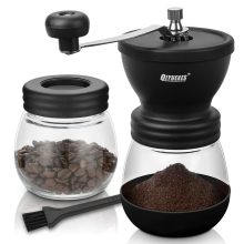 QIYUEXES Manual Coffee Grinder with Burr, featuring two 11oz glass jars and a cleaning brush, designed for home, travel, and camping with adjustable grind settings