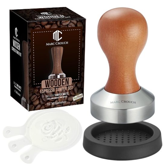 51mm coffee tamper with an 18/8 stainless steel base and a wooden handle, accompanied by a silicone tamper mat and latte art stencils