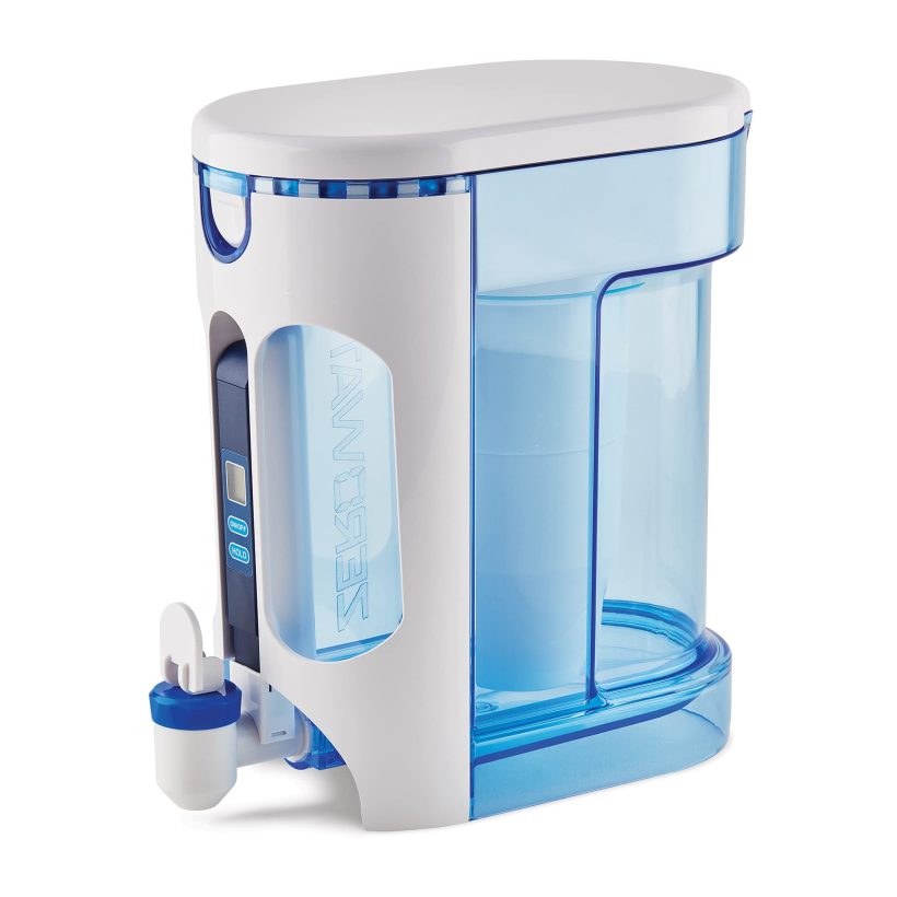 ZeroWater 12-cup water filter pitcher with a 5-stage filtration system and integrated TDS meter, designed to reduce lead, chromium, and PFOA/PFOS.