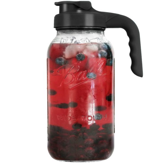 Glass Mason Jar Pitcher with a black lid, featuring a wide mouth and built-in filter, shown with a leak-proof design and ergonomic handle, ideal for a variety of beverages