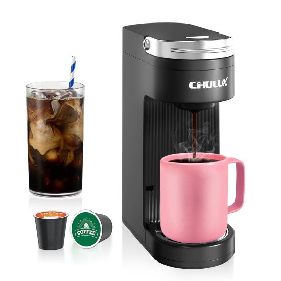 CHULUX Slim Single Serve Coffee Maker designed for K-Cup pods and ground coffee, fitting travel mugs up to 7.3 inches, with a compact design and rapid brewing feature