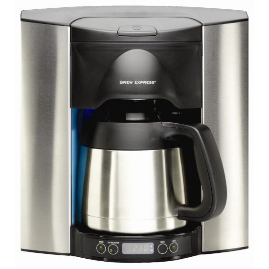 BREW EXPRESS 10-Cup Built-In-The-Wall Coffee System with stainless steel finish and adjustable cup selector, seamlessly integrated with a direct water supply