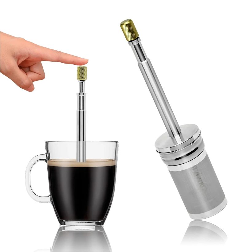 Portable Manual Coffee Maker with Reusable Filter and Stainless Steel Mixer, ideal for coffee and tea brewing on-the-go. 