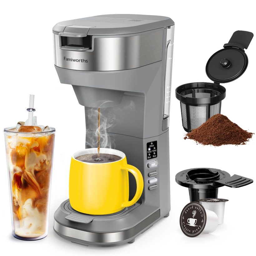 Hot and Iced Coffee Maker – 4-5 Cup Single-Serve Brewer with 30Oz Reservoir, Ideal for K Cups and Ground Coffee