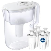 White 10-cup water filter pitcher with 5 replacement filters and electronic filter change indicator, showcasing a sleek design and ergonomic handle