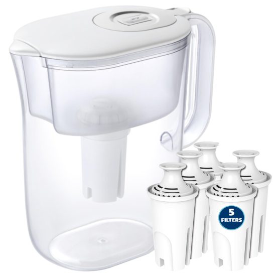 White 10-cup water filter pitcher with 5 replacement filters and electronic filter change indicator, showcasing a sleek design and ergonomic handle