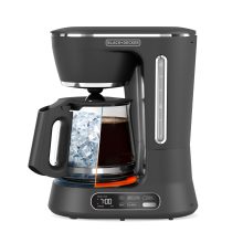 BLACK+DECKER Split Brew 12-Cup Digital Coffee Maker in black and stainless steel, featuring programmable settings, quick touch control, and dual-brew capability for hot and iced coffee.