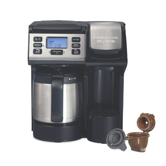 Hamilton Beach FlexBrew Trio 2-Way Coffee Maker in black and stainless steel, featuring single serve and full pot options