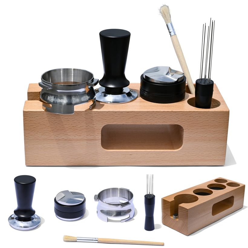 6-in-1 Espresso Kit featuring a Tamper, Coffee Distributor, Dosing Funnel, Espresso Stirrer, Cleaning Brush, and Tamper Stand