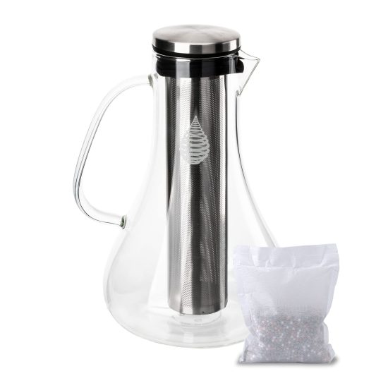 Elegant Invigorated Water pH Replenish Glass Alkaline Water Pitcher with sleek design and anti-drip spout, perfect for enhancing water pH levels.