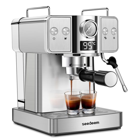 SEEDEEM 20 Bar Espresso Machine in stainless steel with 1.8L removable water tank, adjustable steam wand, and intuitive controls for making espresso, lattes, and cappuccinos