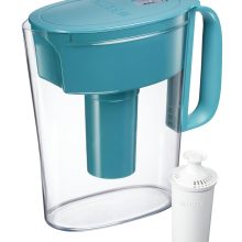 Brita 6-cup water filter pitcher in turquoise with a standard filter, designed to fit on refrigerator shelves