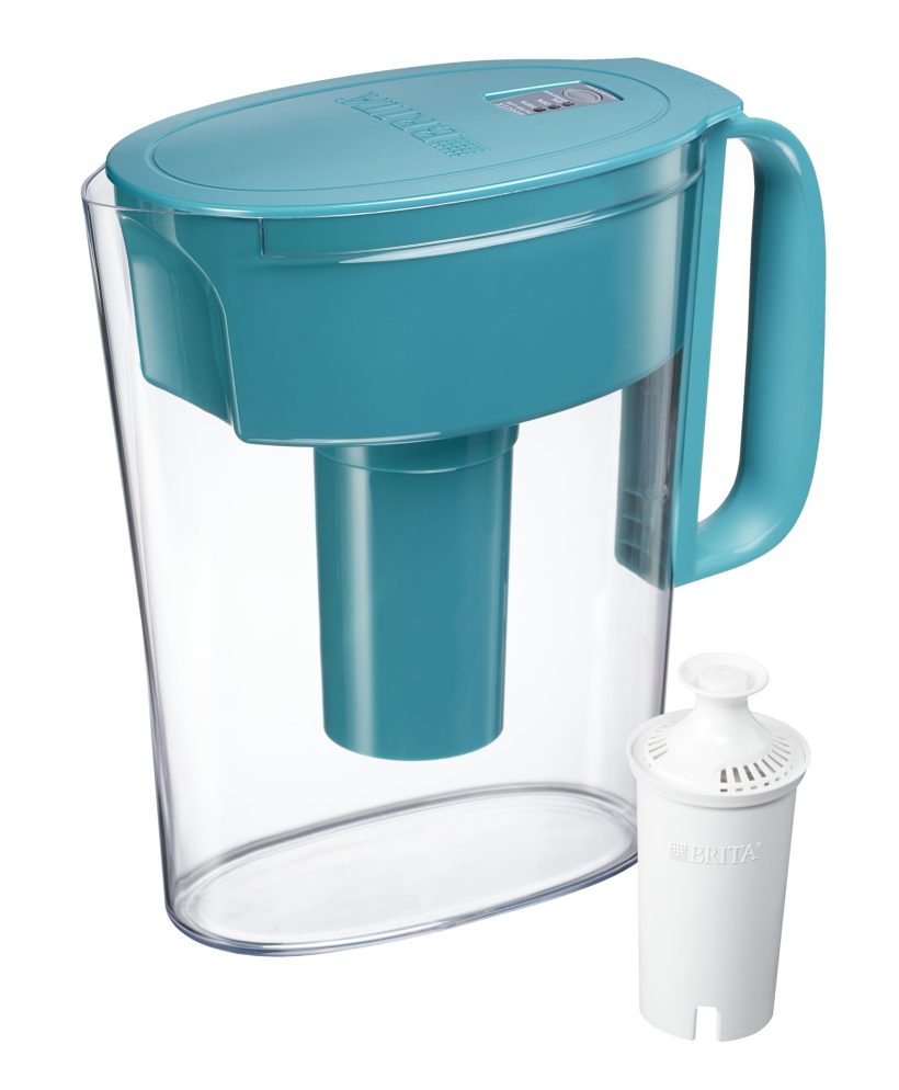 Brita 6-cup water filter pitcher in turquoise with a standard filter, designed to fit on refrigerator shelves