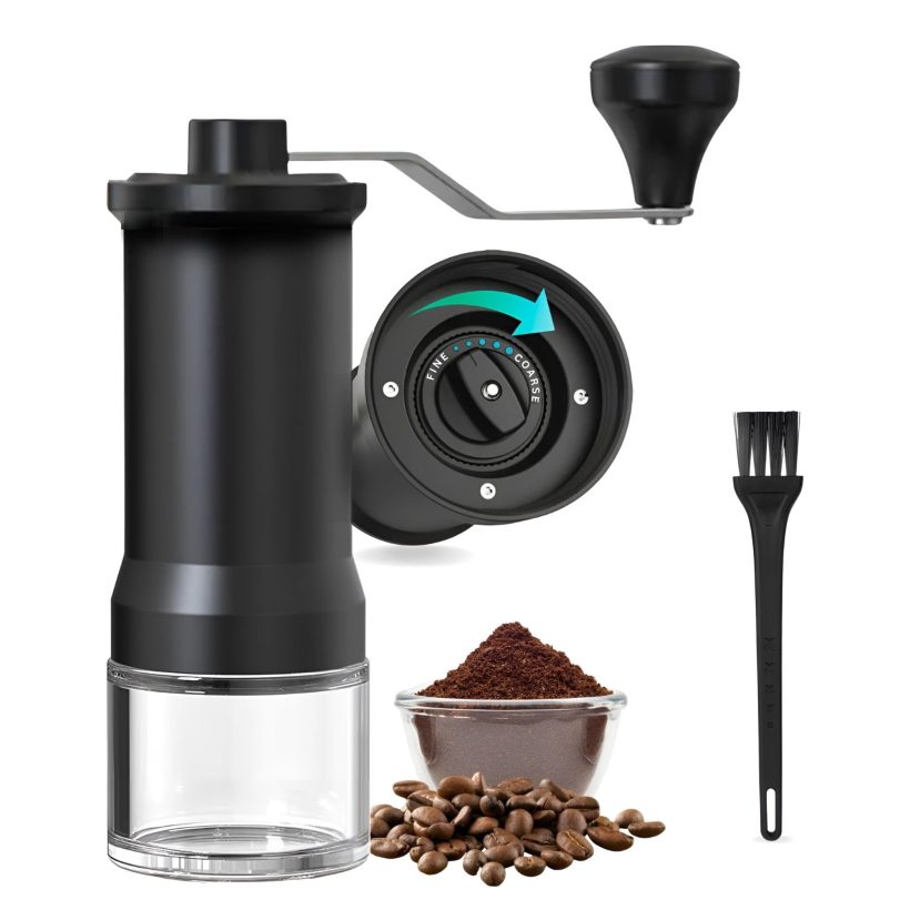 Adjustable Manual Coffee Grinder with ceramic burrs and stainless steel handle, designed for home