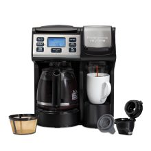 Hamilton Beach 49915 FlexBrew Trio Coffee Maker in Black & Silver, showing Single Serve and Full Pot Brewing Options with a 56 Oz. Water Reservoir