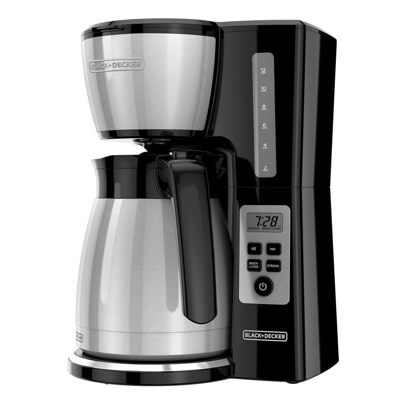 BLACK+DECKER 12-Cup Thermal Coffee Maker with Vortex Technology, Programmable Brew Settings, and No-Drip Carafe – Black/Steel