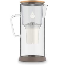 Invigorated Water pH Restore Glass Alkaline Pitcher with bamboo lid and anti-slip base, featuring a multi-stage filtration system.