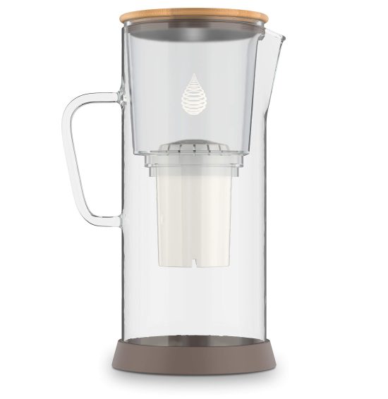 Invigorated Water pH Restore Glass Alkaline Pitcher with bamboo lid and anti-slip base, featuring a multi-stage filtration system.