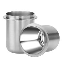 ormcore 58mm Portafilter Dosing Cup in brushed silver stainless steel, featuring a mirror-polished interior and anti-static finish, designed for precise espresso dosing."