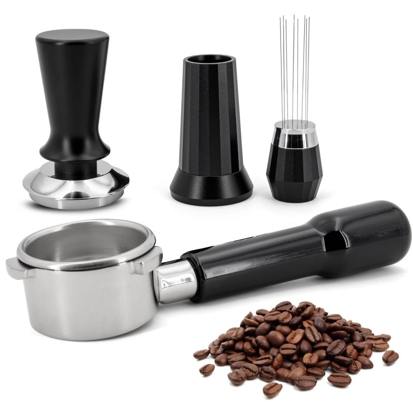 FILTRR 54mm Portafilter Espresso Kit with Precision Tamper and WDT Tool, designed for Breville machines, shown with stainless steel and aluminum components.