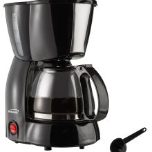 Brentwood 4-Cup Coffee Maker with glass carafe, reusable filter, and warming plate in sleek black design.