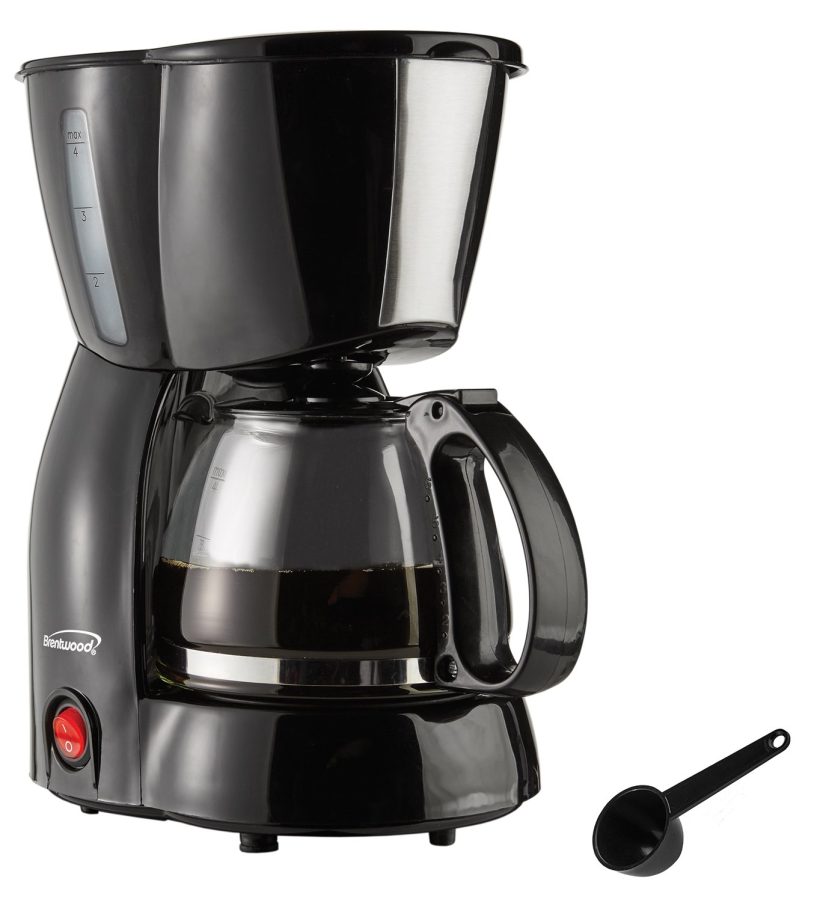 Brentwood 4-Cup Coffee Maker with glass carafe, reusable filter, and warming plate in sleek black design.