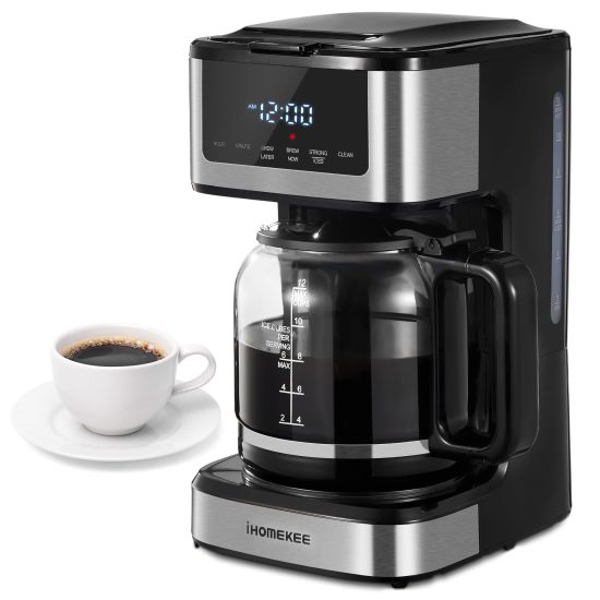 Black Ihomekee Programmable 12 Cup Drip Coffee Maker with touch screen, iced coffee function, and nonstick carafe plate