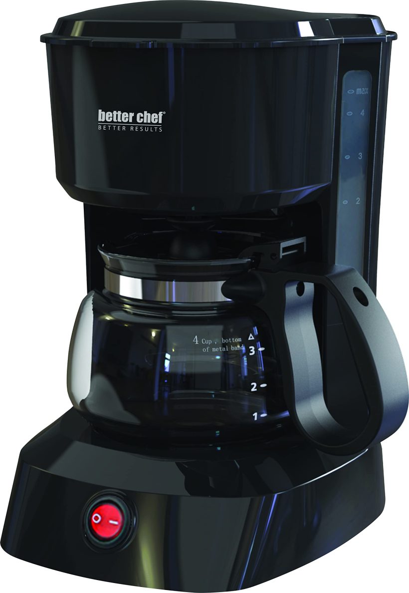 Better Chef 4-Cup Black Coffee Maker with carafe warmer and removable filter basket, perfect for small spaces