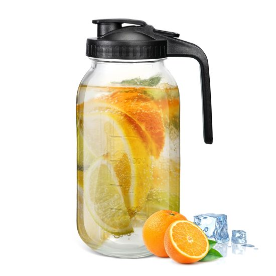 AiHeart 64oz Glass Pitcher with Lid and Spout, featuring a wide mouth design, leak-proof silicone seal, and ergonomic handle, ideal for a variety of beverages