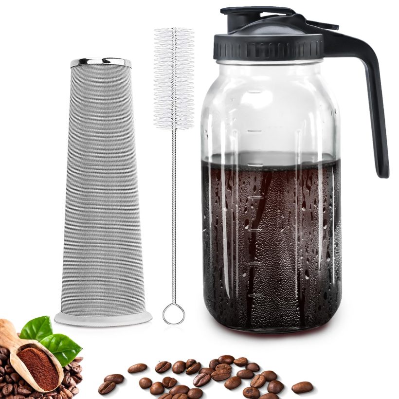 Cold Brew Coffee Maker Pitcher with 64oz capacity, featuring a thick glass design, stainless steel filter