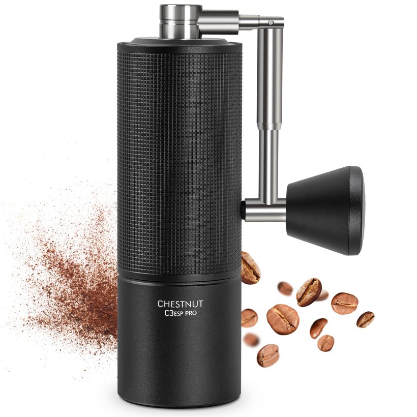 TIMEMORE Chestnut C3 ESP Pro Manual Coffee Grinder in black with foldable handle and stainless steel S2C conical burr, featuring adjustable grind settings for espresso and other coffee brewing methods.