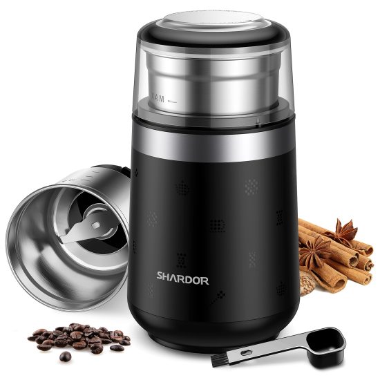 SHARDOR Super Silent Electric Coffee Grinder with removable stainless steel bowl. Features one-touch operation, 48 grind settings, and is ideal for coffee beans, spices, and herbs