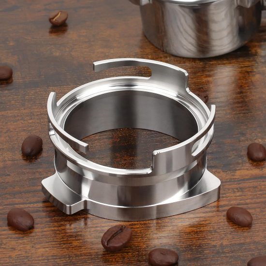 Stainless steel 54mm hands-free coffee dosing funnel designed for Breville portafilters, showing its secure fit and sleek design