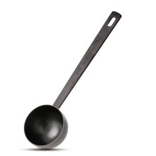 Metal measuring spoon with a 2-tablespoon capacity, featuring a long black handle made of 18/8 stainless steel