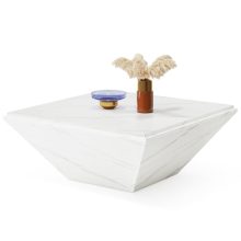 Modern White Square Coffee Table with Faux Marble Top in Living Room Setting