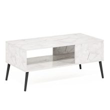 Mid Century Style Coffee Table with a white marble top and angled pine wood legs, featuring three open storage shelves. Ideal for living rooms and modern home decor. 