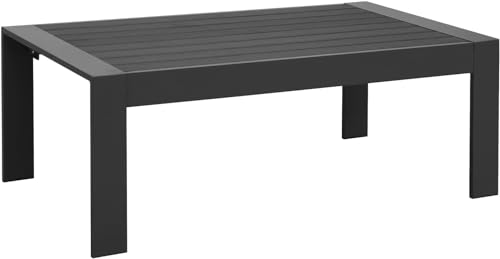 Black aluminum outdoor coffee table with a wood-look WPC top and metal frame. Designed for all-weather durability, ideal for patios, balconies, and gardens.