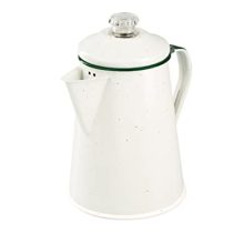 Enamelware percolator coffee pot with classic speckled design brewing coffee over a campfire, ideal for camping and outdoor use