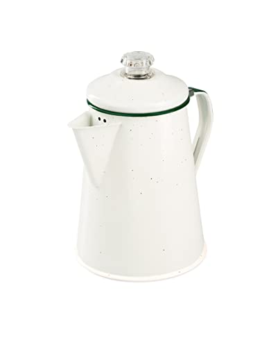 Enamelware percolator coffee pot with classic speckled design brewing coffee over a campfire, ideal for camping and outdoor use