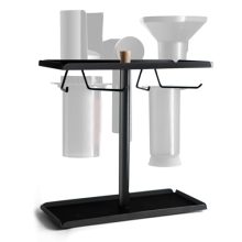 Ciseret Compact AeroPress Organizer Stand with a black iron design, featuring anti-slip trays and a 360° open bracket for efficient air drying and storage of AeroPress and accessories. 