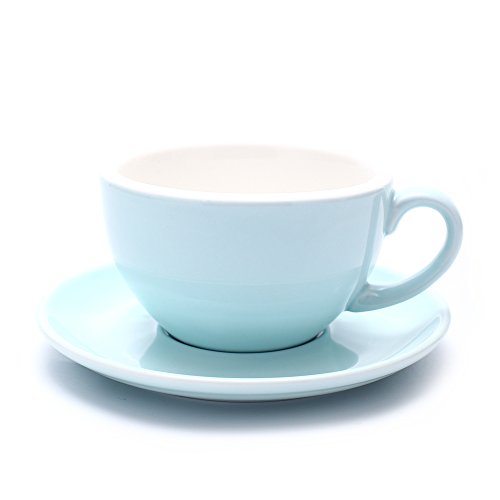 Elegant Coffeezone Cappuccino Cup and Saucer in glossy light blue bone china. Ideal for latte art, cappuccino, and americano with a professional round bottom design and thick body to keep coffee warm.