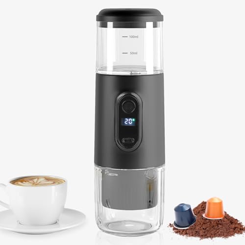 Portable Electric Espresso Coffee Maker - Compact 2-in-1 Wireless Mini Machine with LCD Display and 15 Bar Pressure, Perfect for Travel and Office Use.