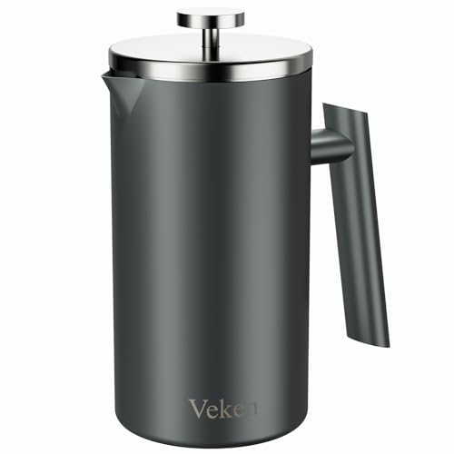 Veken French Press Coffee Maker – 34oz Stainless Steel with Double-Wall Insulation and 4-Layer Filter.