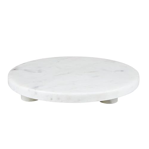 Round white marble serving tray with a footed design, ideal for serving charcuterie or as a decorative home piece with natural vein patterns