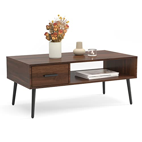 Mid-century modern walnut coffee table with a drawer and open storage shelf, featuring solid pine legs and a smooth finish