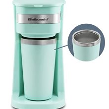 Elite Gourmet EHC117M single-serve coffee maker in mint color, featuring a 14oz thermal travel mug with stainless steel interior and a reusable filter, ideal for quick and convenient coffee brewing.